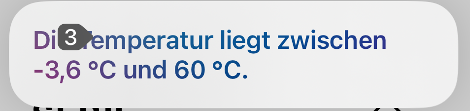 Siri-Popup. "Die Temperatur liegt zwischen -3,6 °C und 60 °C.