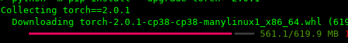 Collecting torch==2.0.1 
   Downloading torch-2.0.1-cp38-cp38-manylinuxl_x86_64.whl (561.1/619.9 MB)