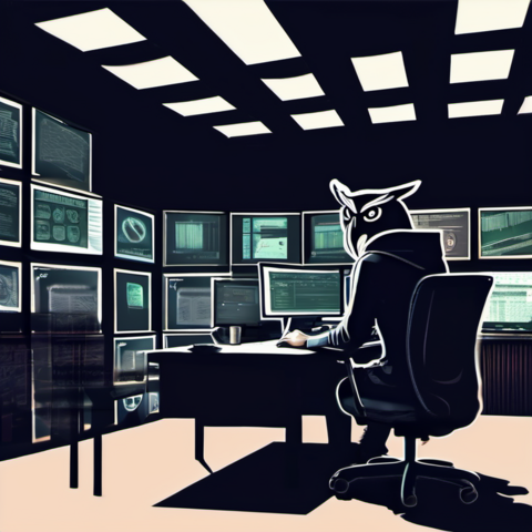 Eule mit Hoodie auf Bürostuhl vor Schreibtisch mit mehreren Monitoren. Im Hintergrund unzählige weitere Monitore mit abstrakten, technisch aussehenden Motiven. Gesamtes Bild mit harten Kontrasten und teilweisem Posterisation-Comic-Stil.