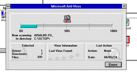Screenshot "Microsoft Anti-Virus" unter Windows 3.11. Aktueller Scan: C:\SETUP\ARIALBD.FO_.