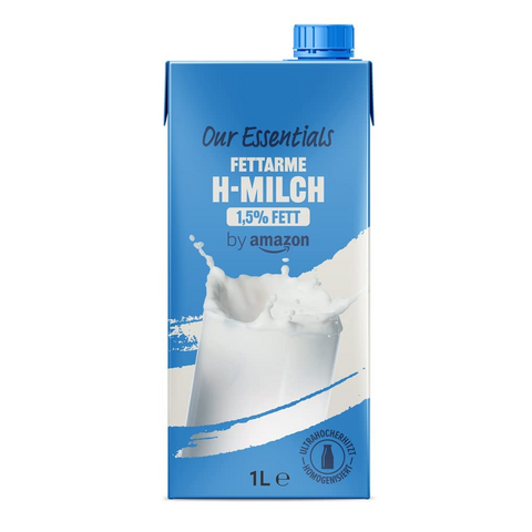 1l Getränkekarton in hellblau

Out Essentials
Fettarme
H-Milch
1,5% Fett
by amazon
[Foto Milchglas]
1l ℮ Ultrahocherhitzt · Homogenisiert