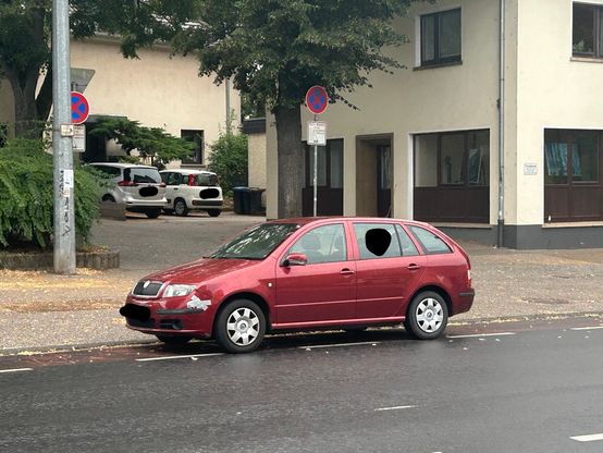 Foto eines PKW, welcher ohne Fahrer*in auf einem rot markierten Radschutzstreifen parkt. Dahinter mehrere Verkehrsschilder, u.A. absolutes Halteverbot, Feuerwehrzufahrt, Hydrant