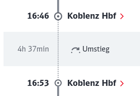 Umstieg Koblenz Hbf
An: 16:46
Ab: 16:53
Umsteigezeit: 4h 37min