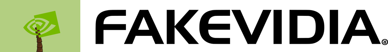 Nvidia-Logo. Logo mit Palmenstamm. Text "FAKEVIDIA". ® auf dem Kopf.