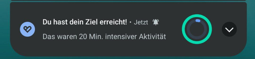 Benachrichtigung aus Smartphone

Du hast dein Ziel erreicht! - Jetzt 🔔
Das waren 20 Min. intensiver Aktivität
