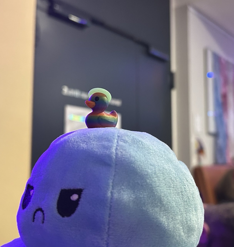 Regenbogen-Ente mit Heiligenschein auf böse schauendem Plüsch-Octopus