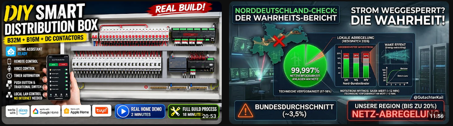 Das Bild zeigt eine geteilte Werbegrafik mit zwei nebeneinanderstehenden Motiven. Links ist ein großer Schaltschrank mit vielen Kabeln, Sicherungen und elektronischen Bauteilen zu sehen, darüber steht in großen Buchstaben „DIY SMART DISTRIBUTION BOX“ und „REAL BUILD!“. Eine Hand hält ein Smartphone vor den Schaltschrank; daneben werden Funktionen wie Sprachsteuerung, Fernbedienung und Timer-Automation beworben. Rechts ist eine dunkle, grafisch aufbereitete Infotafel zum Thema Stromnetz zu sehen…