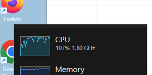 Windows-Taskmanager. CPU: 107% 1.80GHz