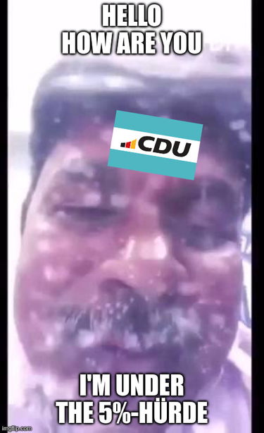 ["Hello, I'm under the water"-Meme]

Hello, how are you
[Face with CDU-Logo]
I'm under the 5%-Hürde