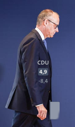Friedrich Merz von der Seite. Balken aus Wahlergebnis auf Hüfthöhe nach vorne.
"CDU · 4.9 · -8.4" auf dem Anzug überlagert